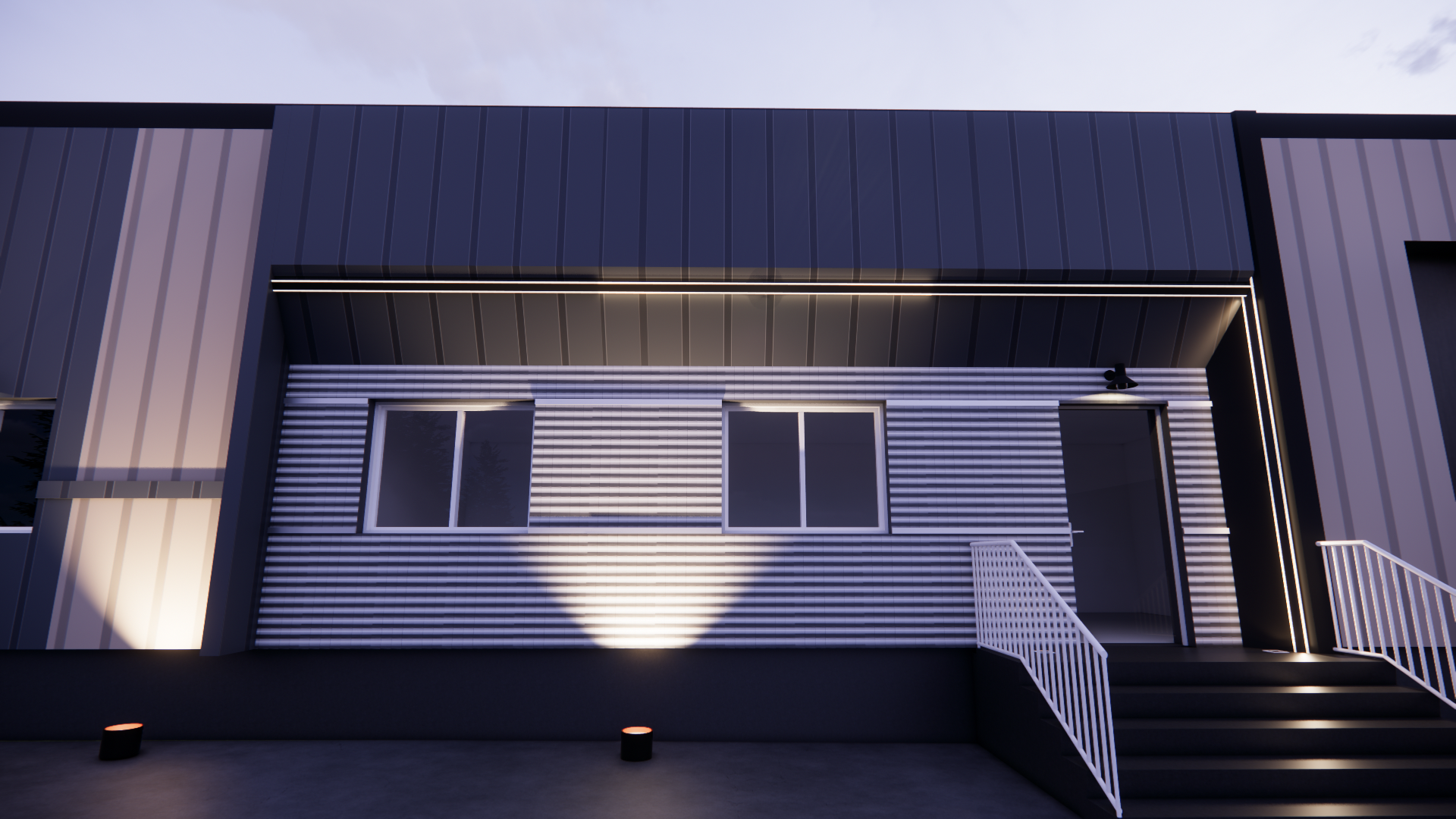 Extérieur de bâtiment moderne avec bardage métallique gris, fenêtres et entrée éclairée.