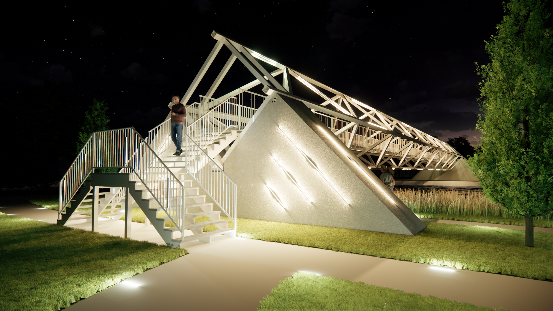 Vue nocturne d'une structure blanche moderne avec escalier et poutres inclinées, une personne montant. Éclairage au sol, ciel sombre.