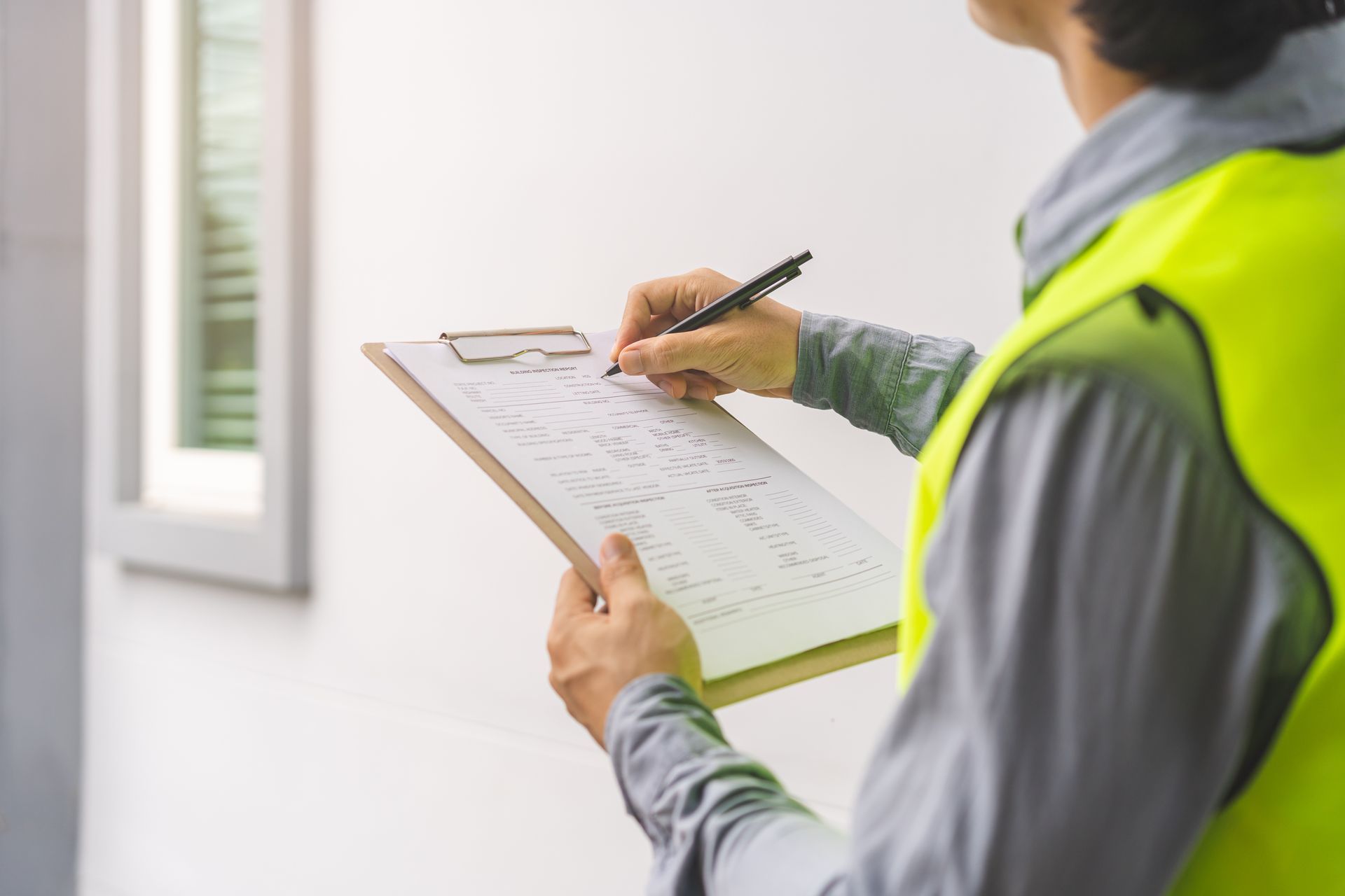 Une personne portant un gilet réfléchissant écrit sur un bloc-notes à l'extérieur, à côté d'un bâtiment avec une fenêtre.