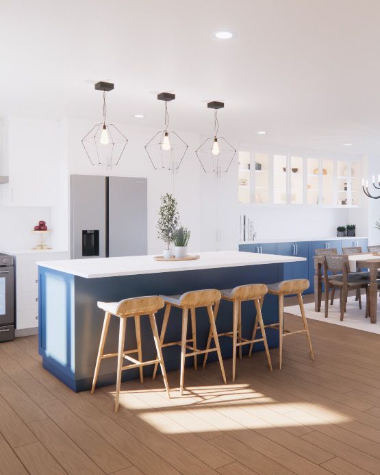 Cuisine moderne avec îlot central bleu, plans de travail blancs, tabourets en bois, suspensions lumineuses et parquet.