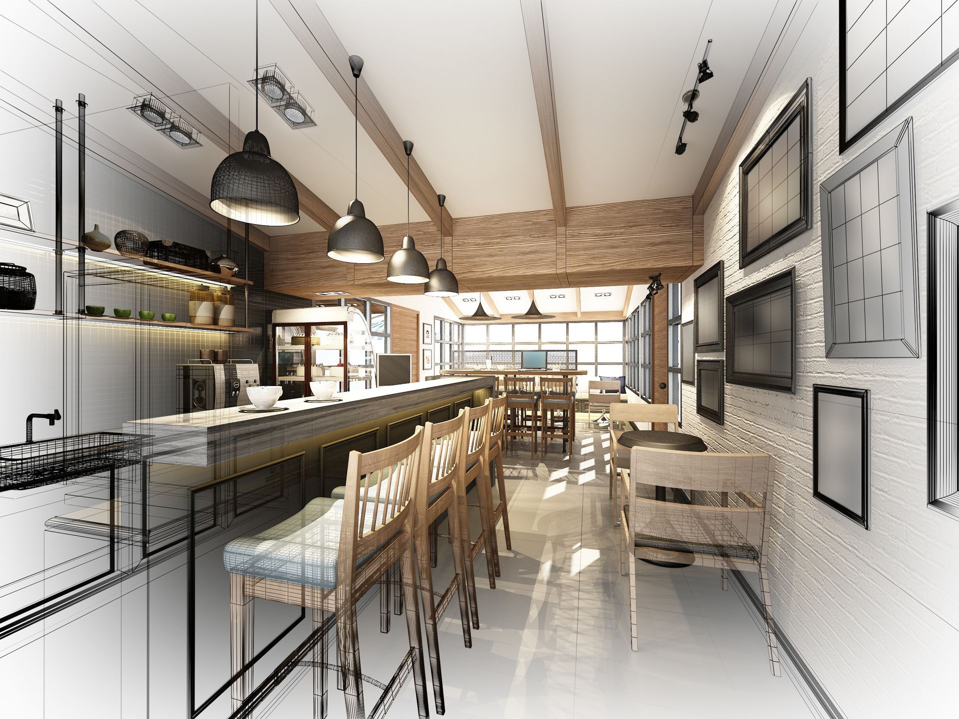 Croquis d'aménagement intérieur d'un café avec bar, sièges et œuvres d'art au mur.
