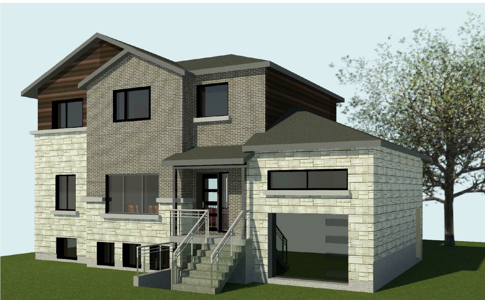 Une maison à deux étages avec une façade en pierre, un garage attenant et un escalier menant à l'entrée.