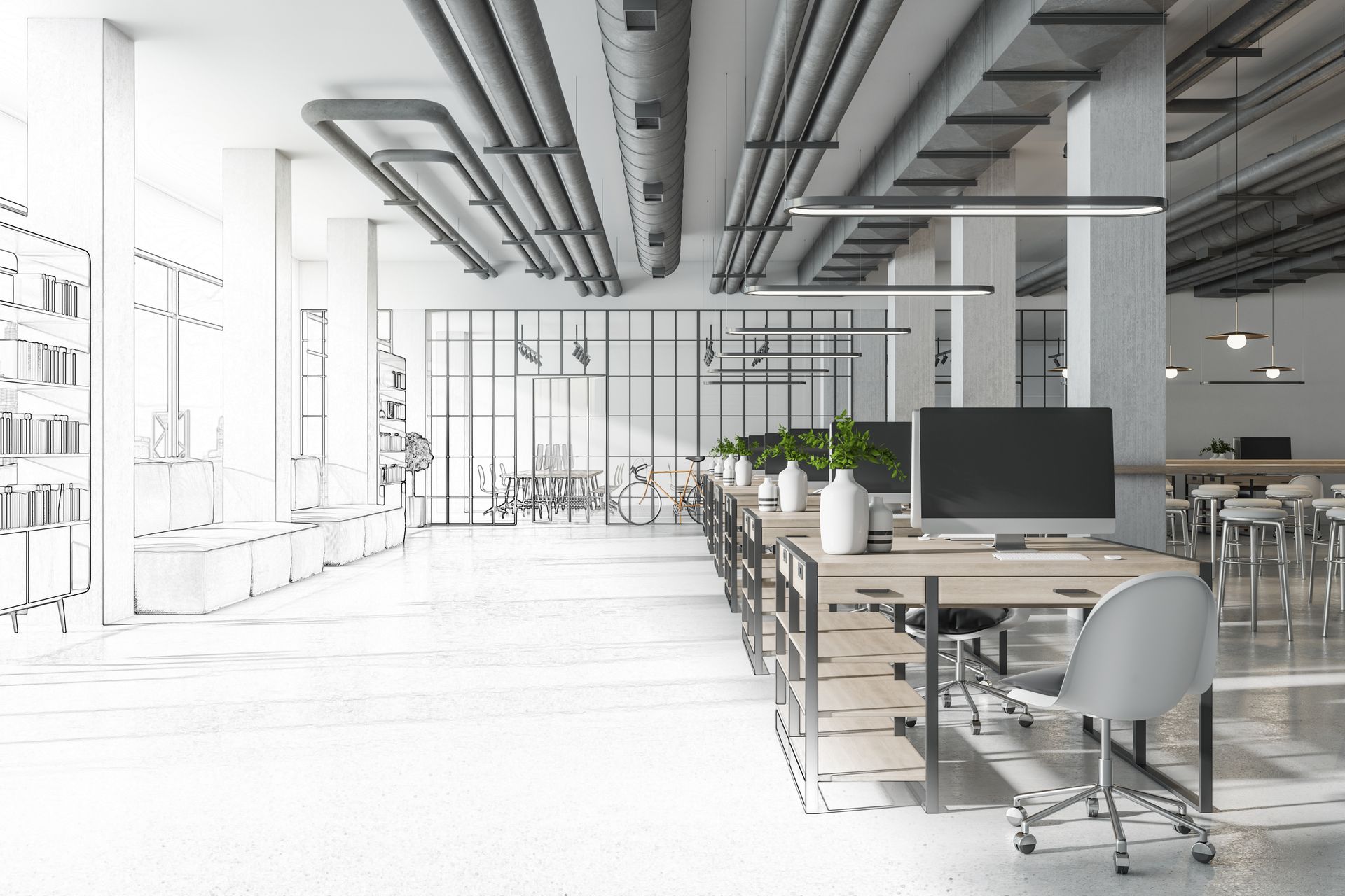 Espaces de bureaux modernes avec bureaux, ordinateurs et salles de réunion vitrées. Tuyauterie apparente au plafond.