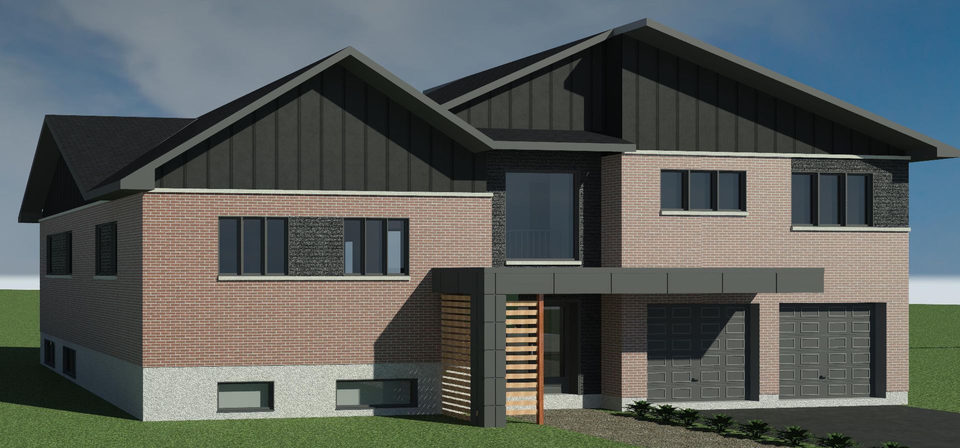 Maison moderne à deux étages avec façade en briques, toit noir et garage. Pelouse verte et ciel bleu.
