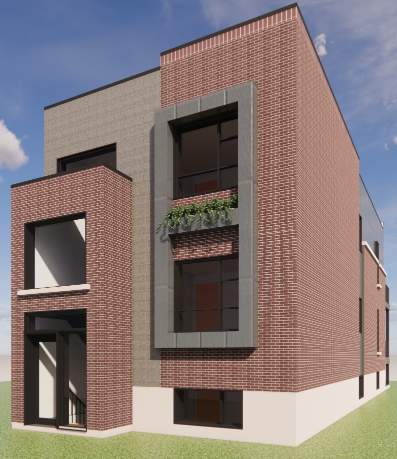 Façade moderne en briques avec des touches de gris et de grandes fenêtres.
