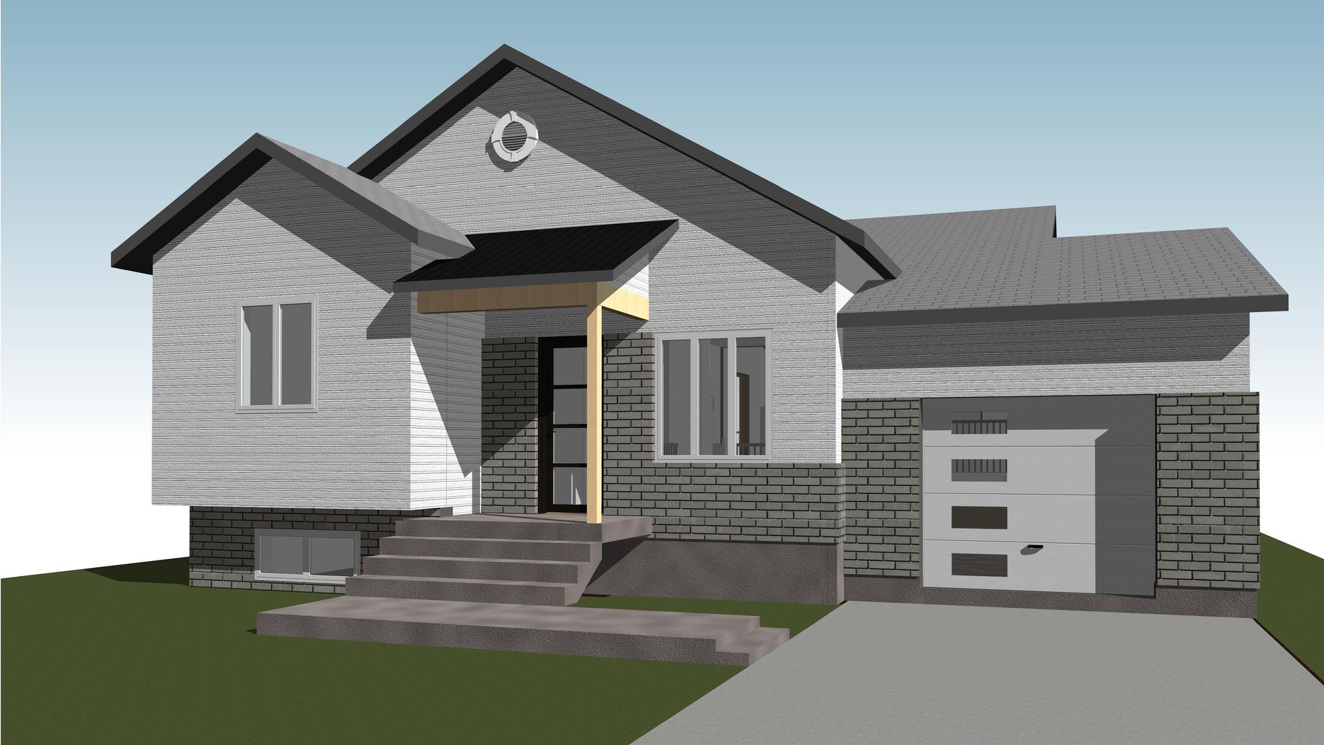 Représentation extérieure d'une maison avec briques et bardage, garage, marches d'entrée et vestibule.