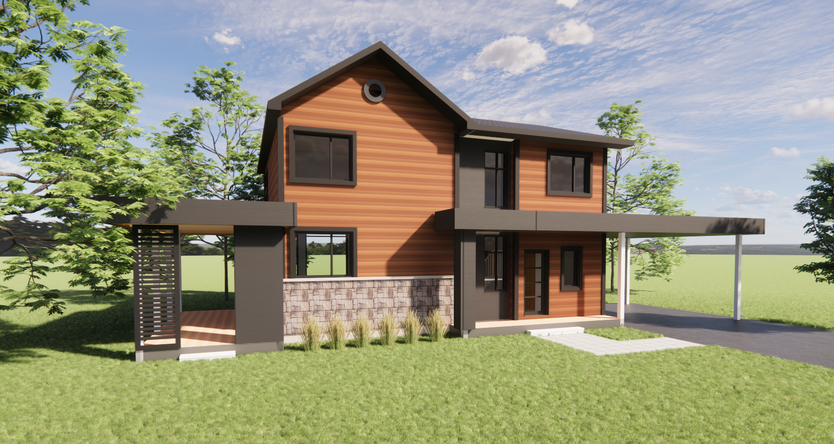Maison à deux étages avec bardage en bois, toit noir et abri voiture dans un jardin gazonné.