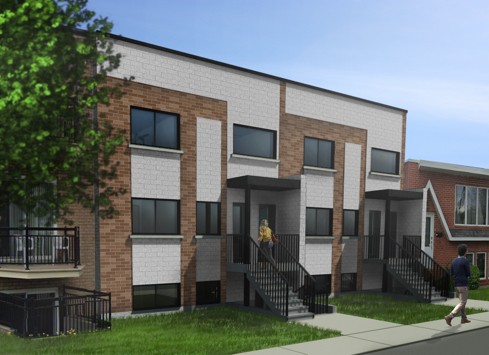 Représentation d'un immeuble résidentiel à logements multiples avec une façade en briques et blanche. Des personnes se dirigent vers l'entrée.