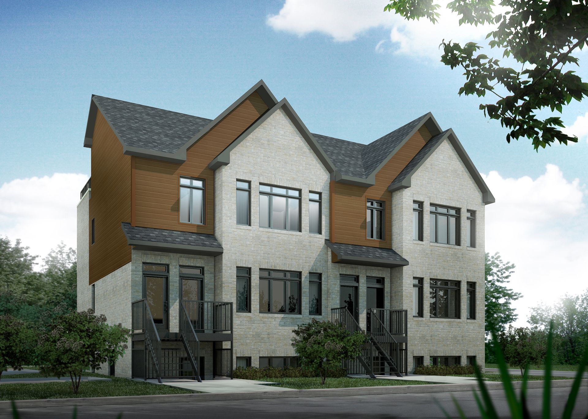 Maisons de ville de trois étages avec revêtement en briques et marron, toit gris foncé et marches d'entrée.
