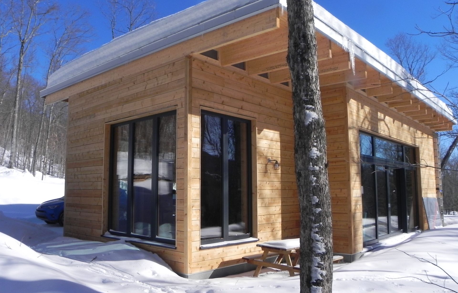 Petite cabane en bois avec de grandes fenêtres, neige au sol, arbres en arrière-plan et ciel bleu.