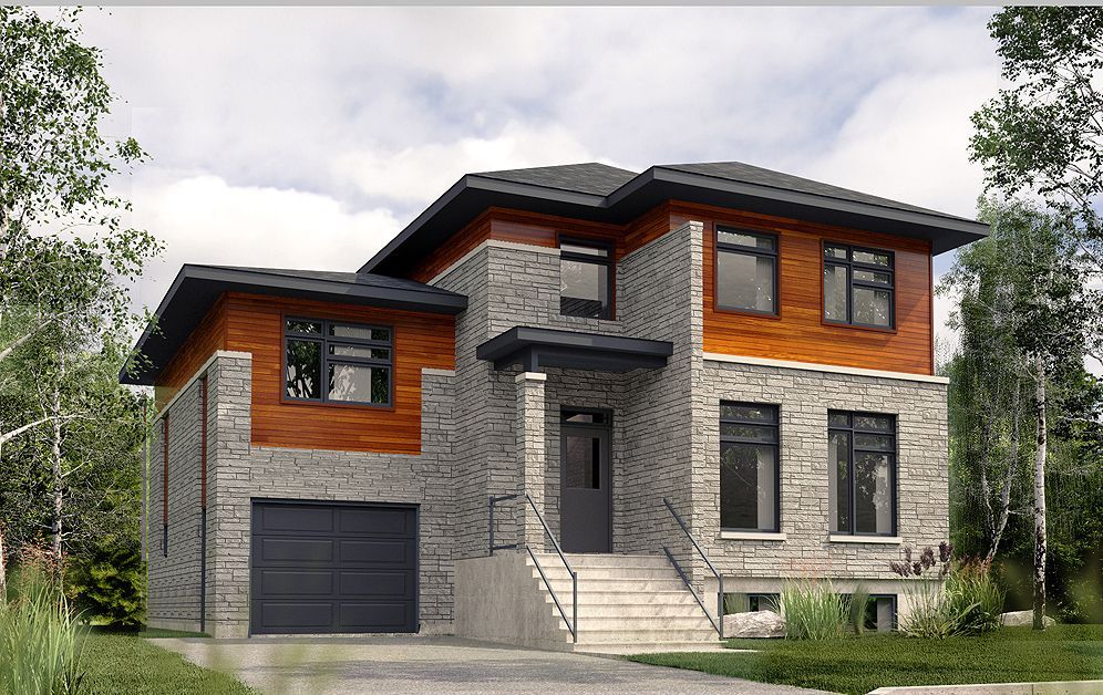 Maison moderne à deux étages avec façade en pierre, éléments en bois et garage attenant, sous un ciel nuageux.