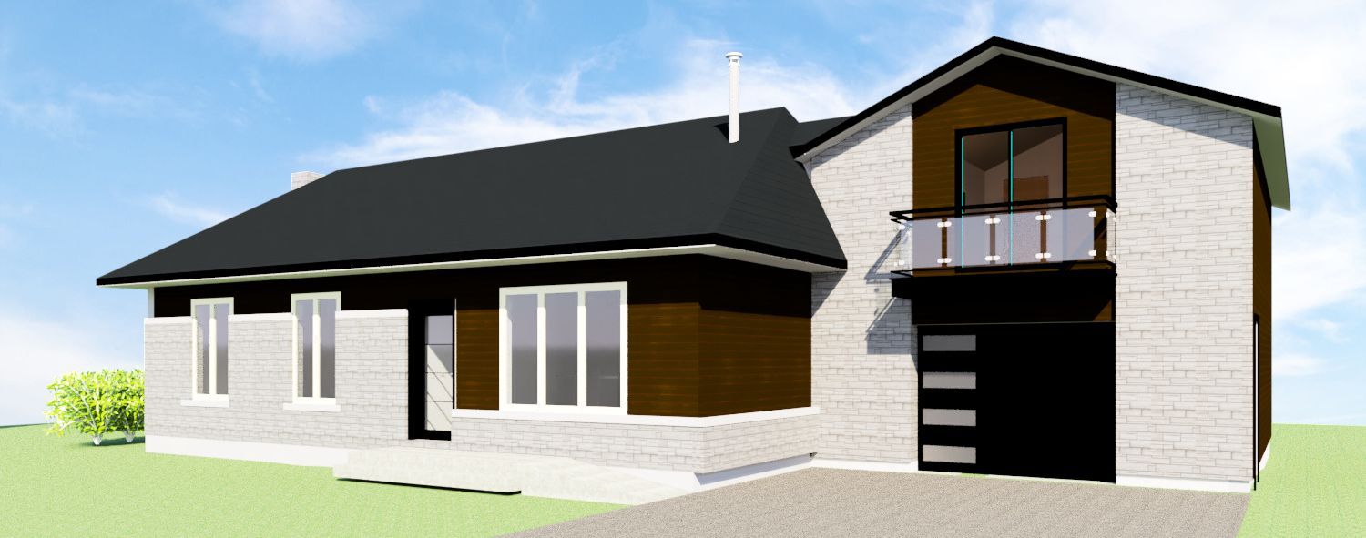Une maison moderne avec un toit foncé, un bardage brun à la texture de pierre blanche et une porte de garage noire.