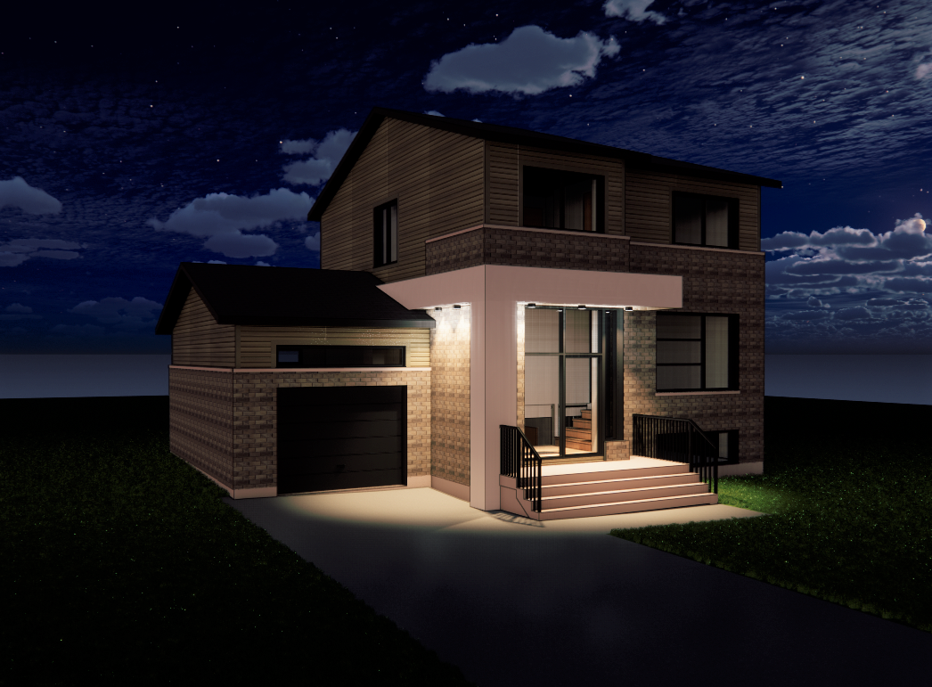 Maison en briques de deux étages la nuit, porche, allée et garage éclairés. Ciel nocturne nuageux.