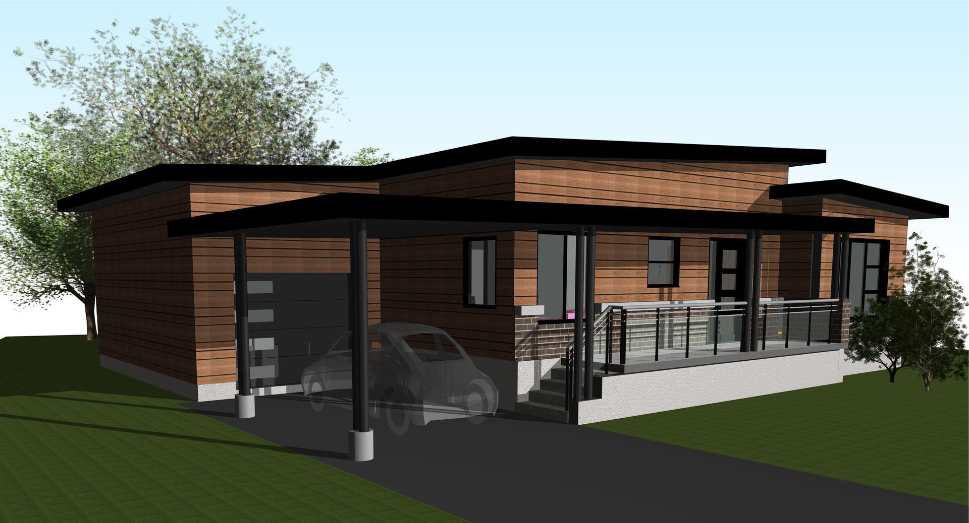 Maison moderne brune avec abri voiture et porche couvert ; touches de noir, voiture garée à l'intérieur.