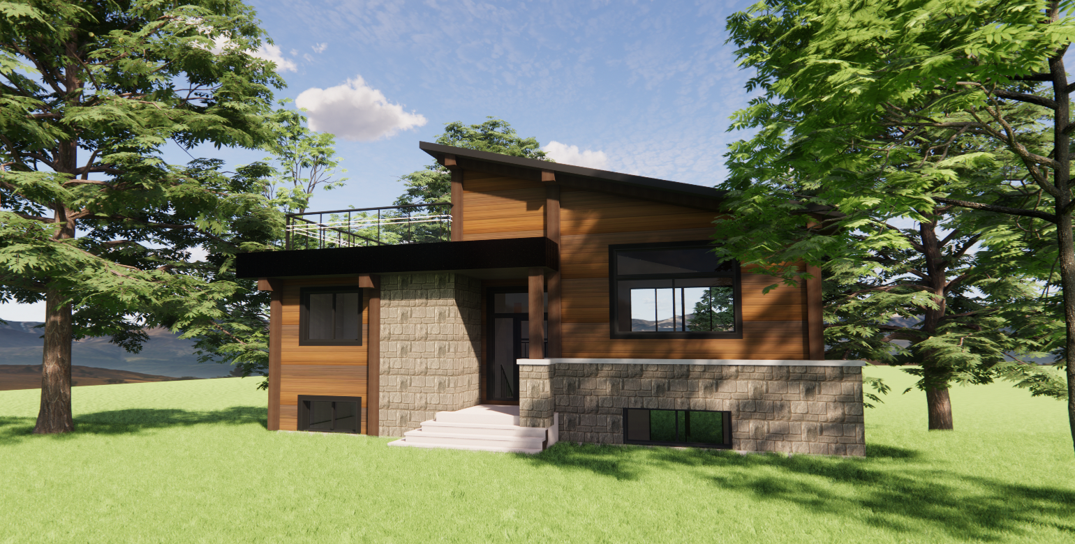 Chalet moderne avec extérieur en bois et en pierre, entouré d'arbres et d'herbe, par une journée ensoleillée.