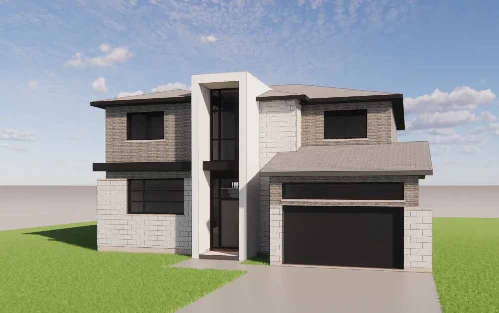 Maison moderne à deux étages avec toit gris, façade en briques et blanche, porte de garage noire et pelouse verte.