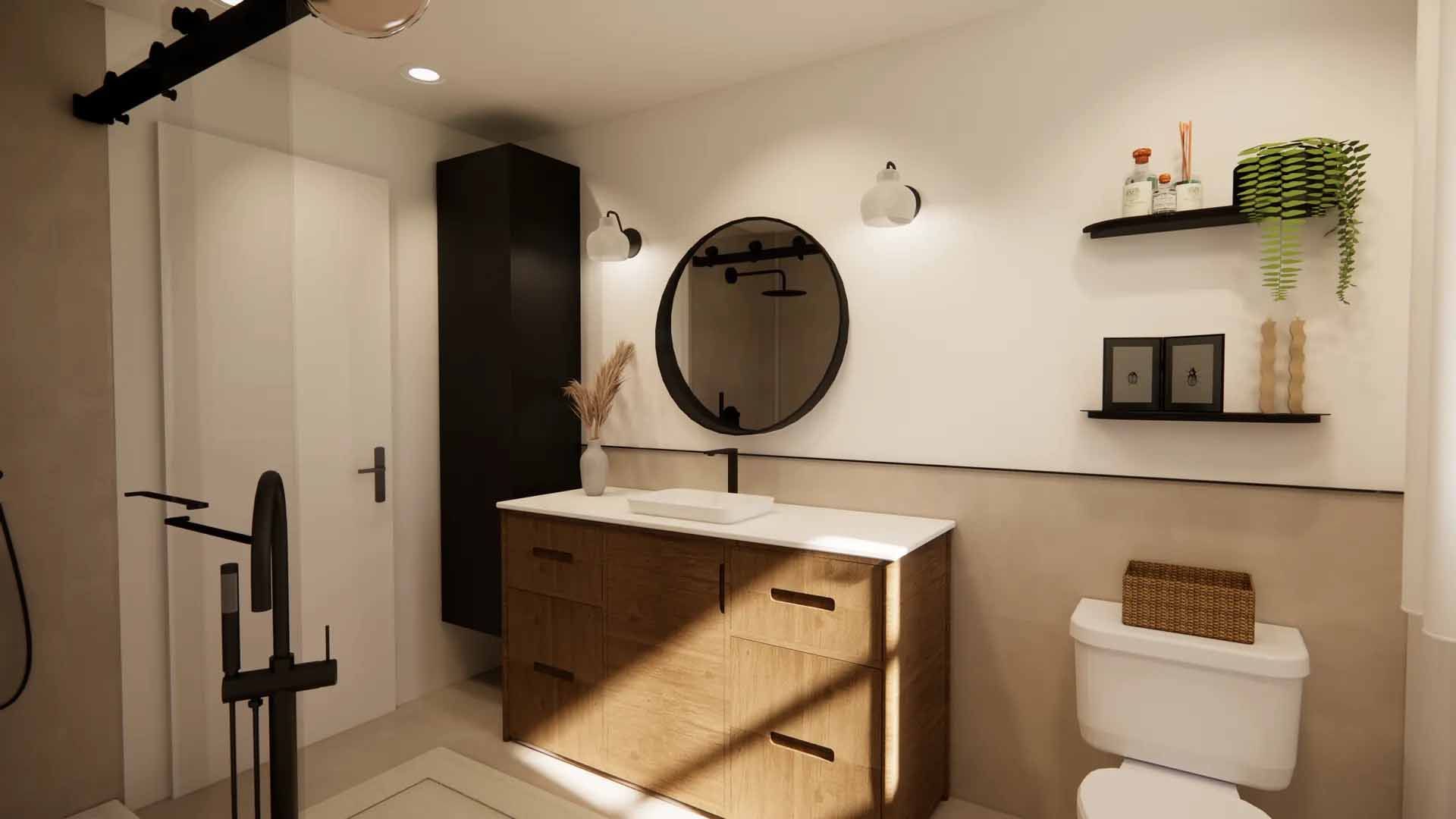 Salle de bains avec meuble-lavabo en bois, miroir noir, étagères et toilettes. Tons neutres et plante verte.
