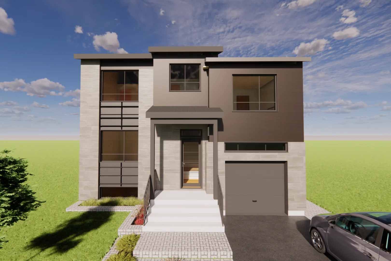 Maison moderne à deux étages avec façade grise et marron, fenêtres en verre et garage.