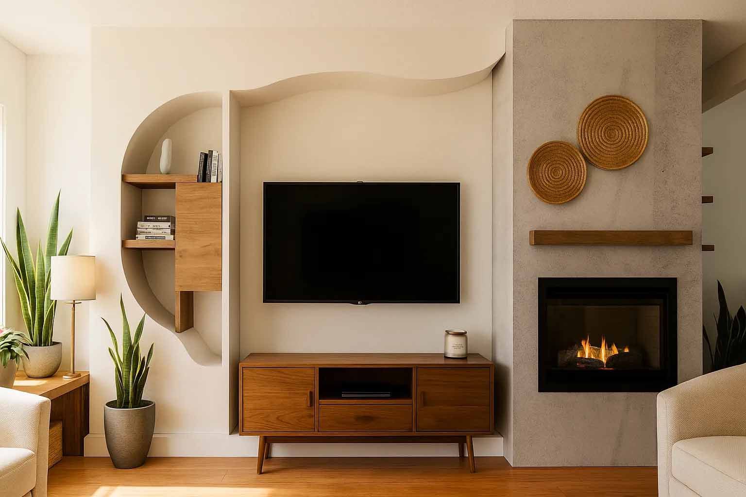 Salon avec télévision intégrée et cheminée ; meuble en bois, étagères et décorations murales.
