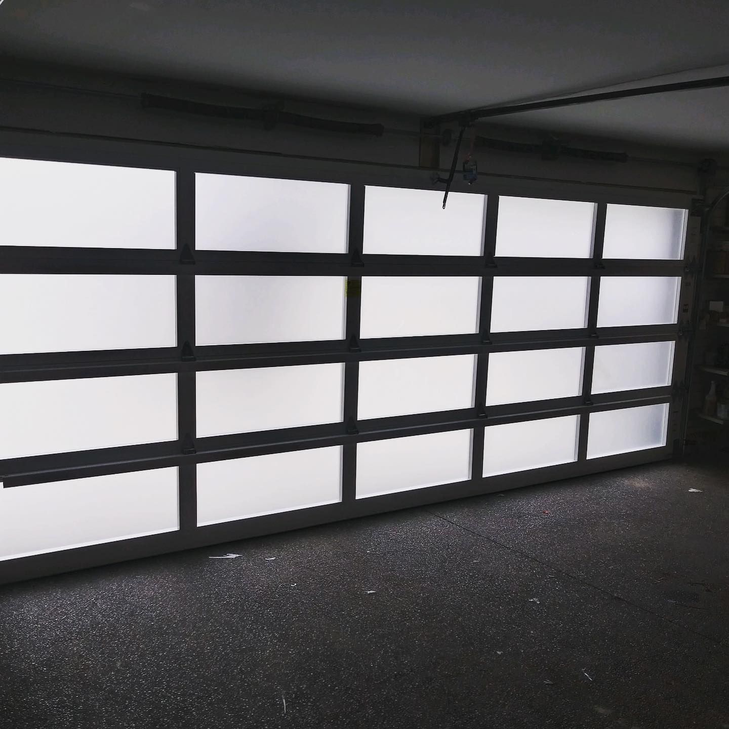 Garage door with frosted glass panels, gray frame, and concrete floor.
