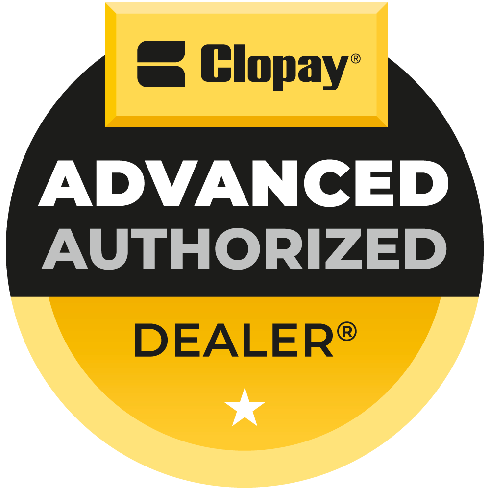Clopay Advanced Authorized Dealer badge; yellow, black, and white colors; star.