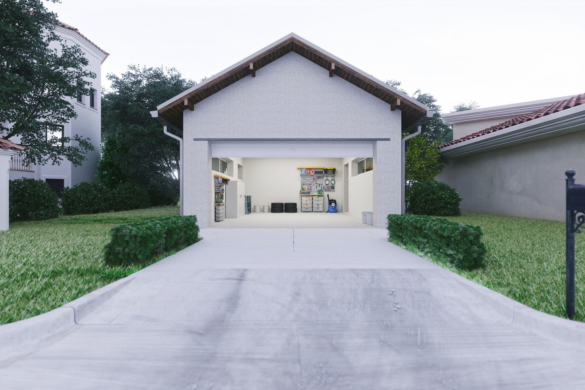 Garage with open door, concrete driveway, and grassy lawn, in front of a house.