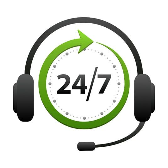 A pair of headphones with a microphone and a clock that says 24/7 .
