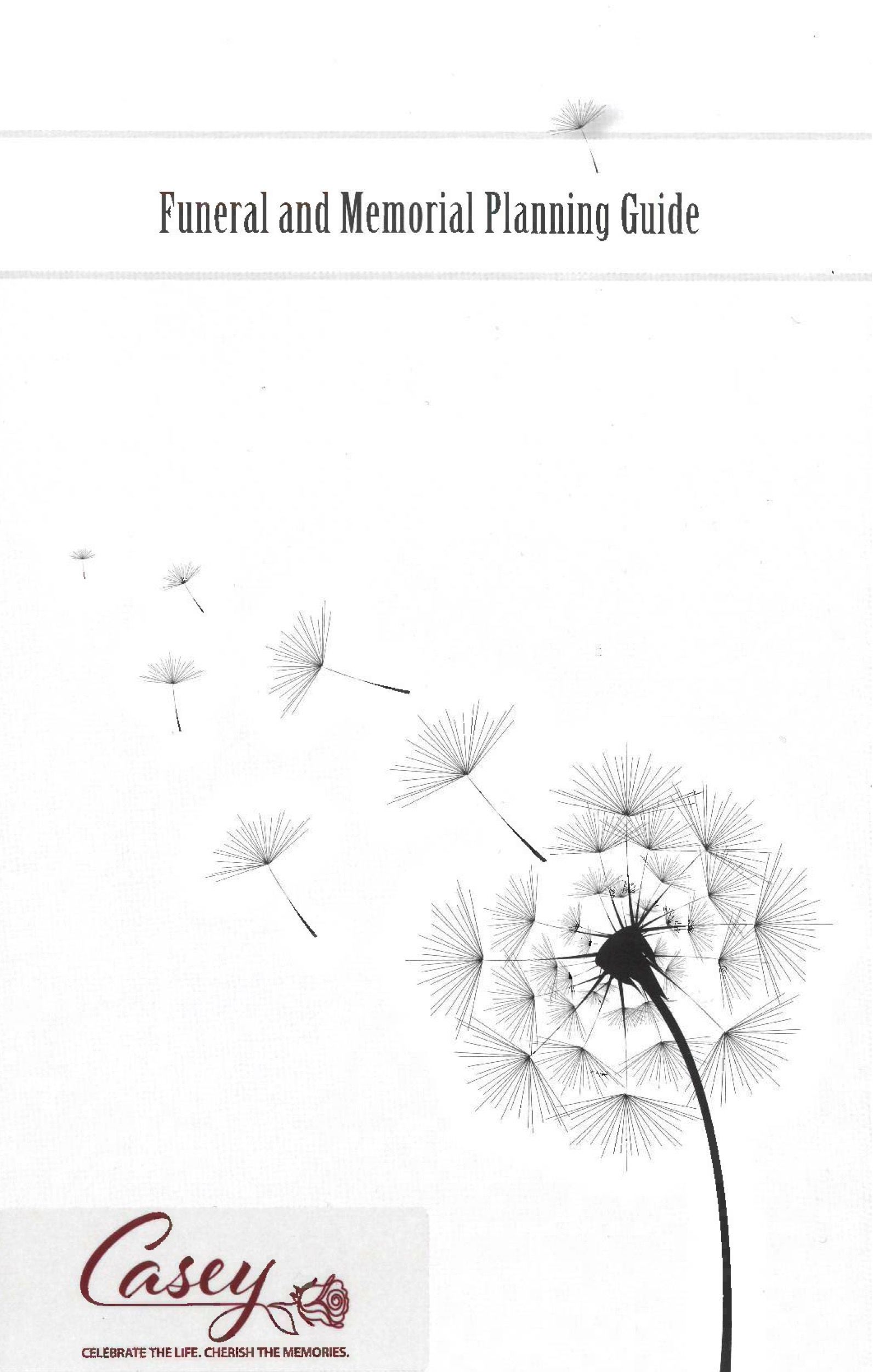 A dandelion is blowing in the wind on the cover of a funeral and memorial planning guide.