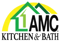 Logo for 1 AMC Kitchen & Bath: Green house over black "1 AMC," yellow arch, black "KITCHEN & BATH."