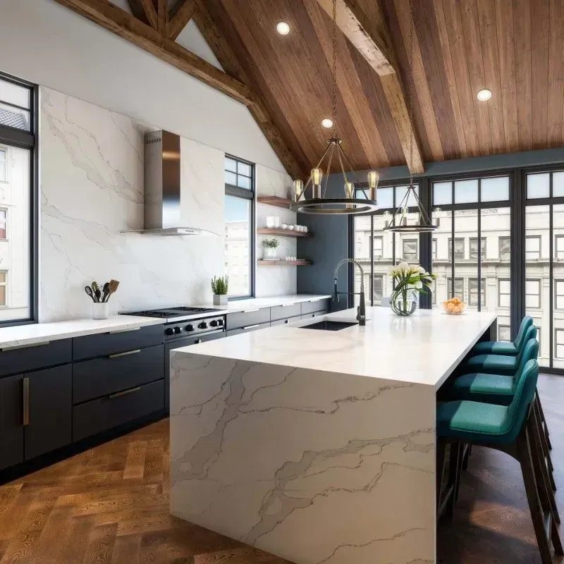 Modern kitchen with marble countertops, dark cabinets, island with teal stools, and wood ceiling.