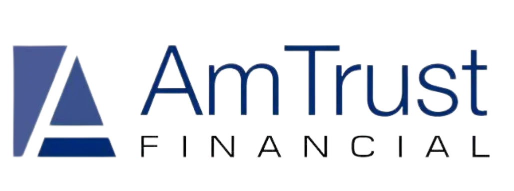 AmTrust Financial logo in blue and gray with stylized triangular icon