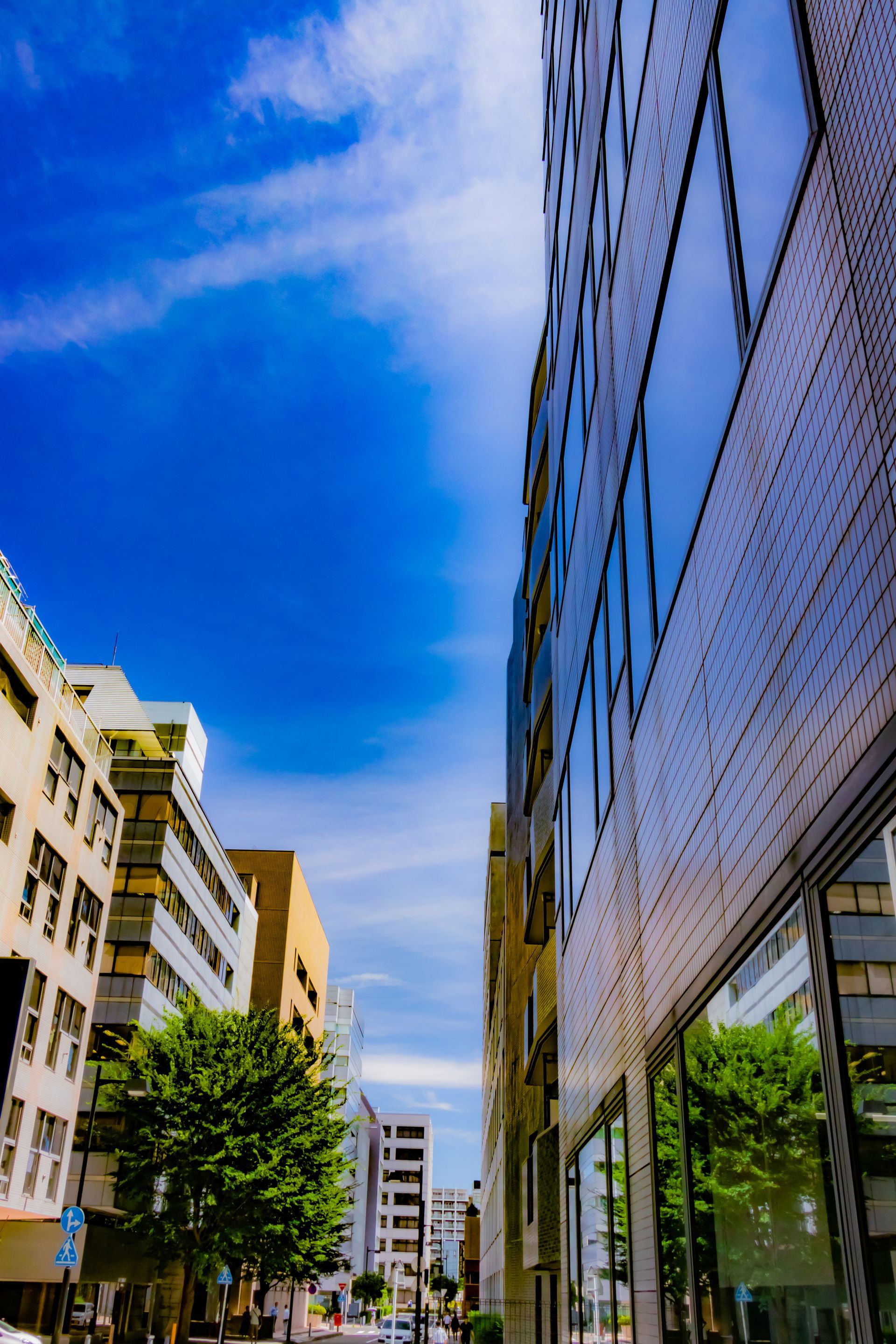Modern city street with tall buildings under a bright blue sky