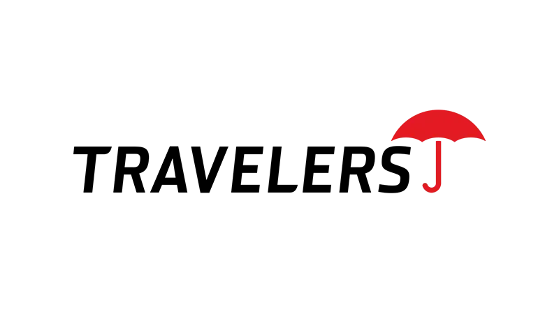Travelers logo in black text with a red umbrella over the letter J