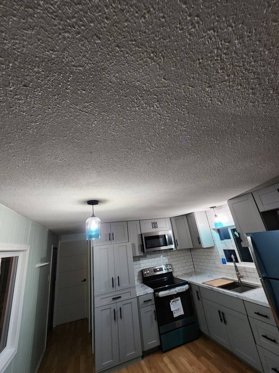 Kitchen with gray cabinets, a black stove, and a textured ceiling.