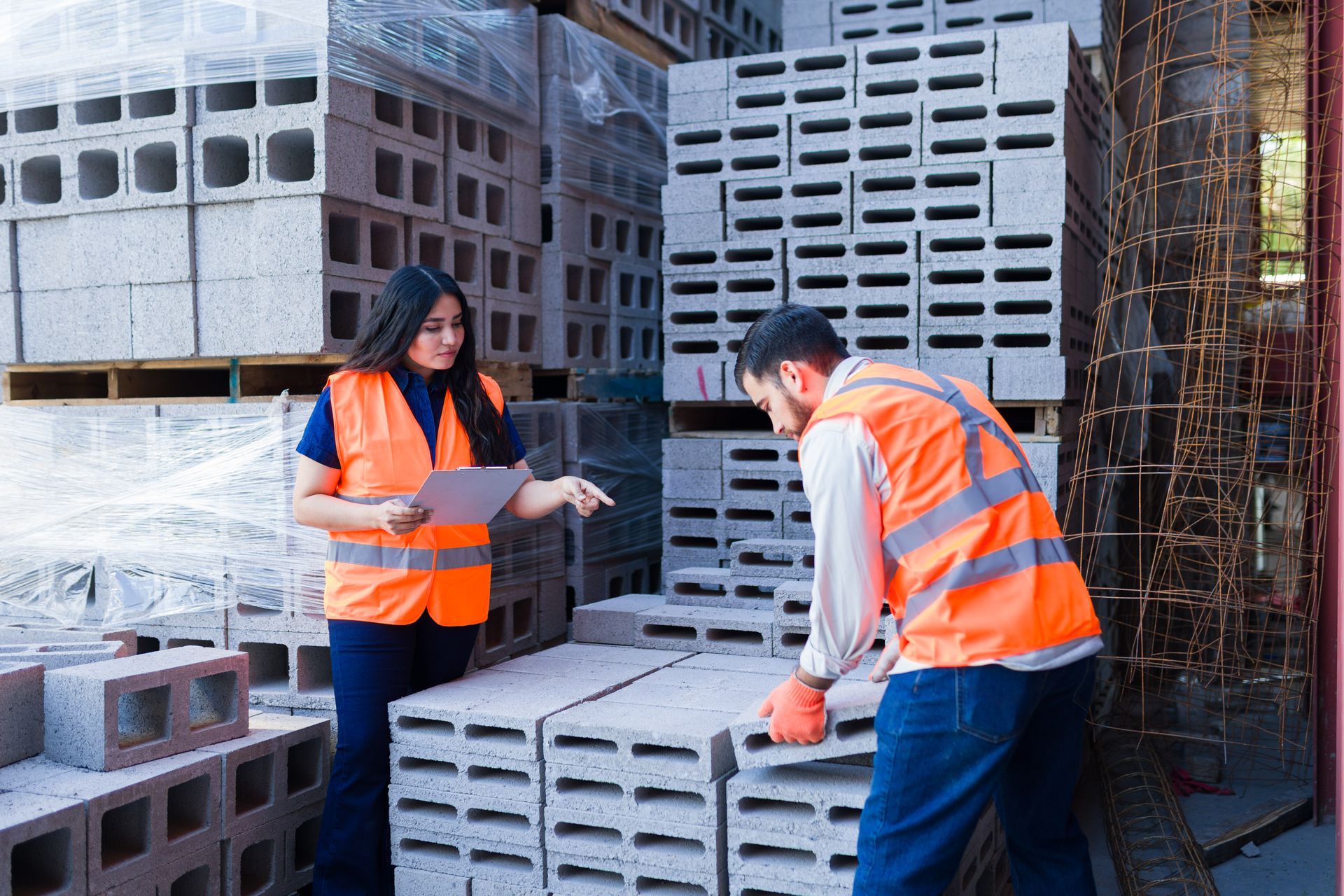 Concrete supplier team inspecting stacked concrete blocks at construction materials yard site.