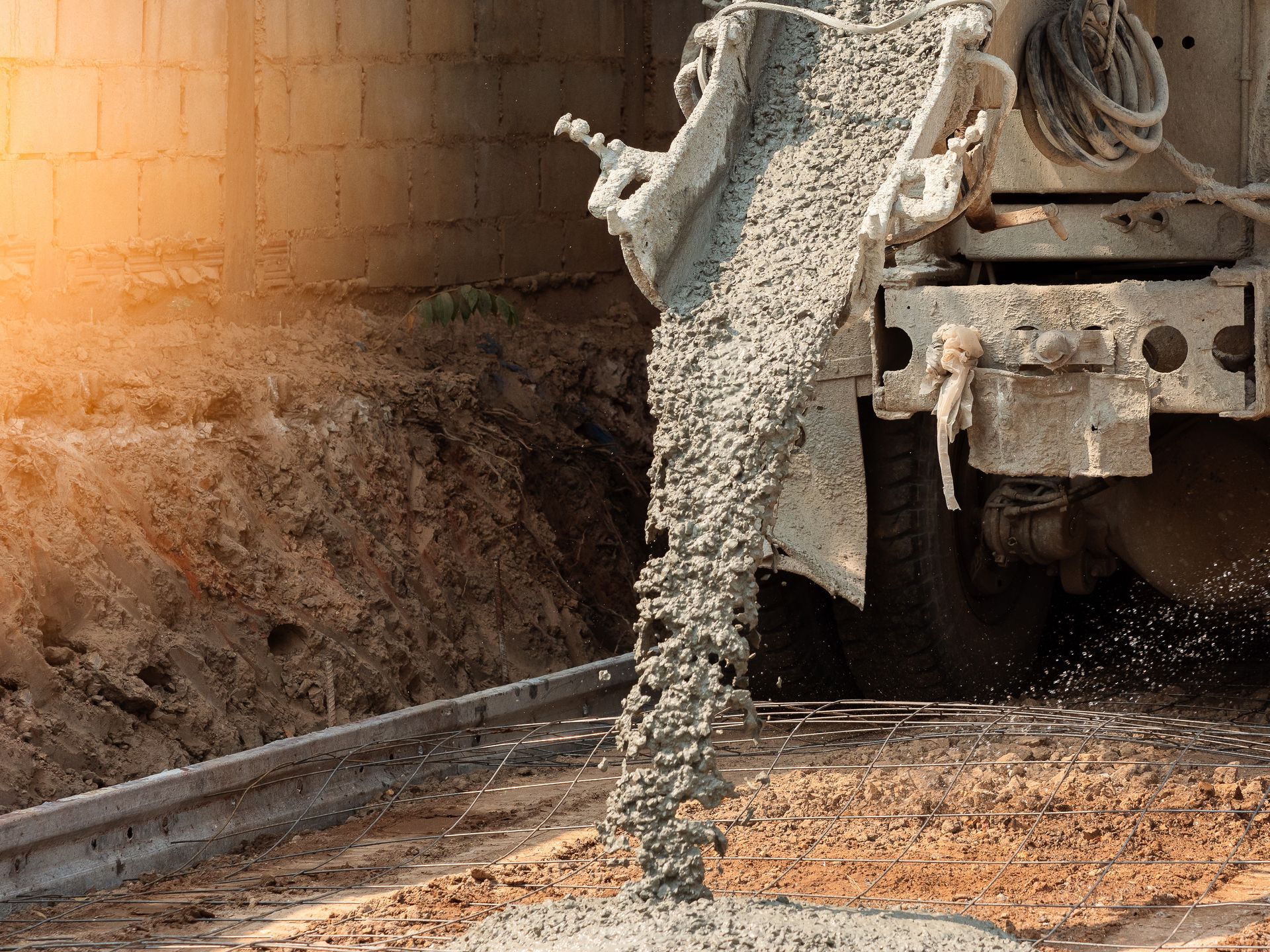 Concrete pours from a truck chute onto a reinforced foundation at a construction site.