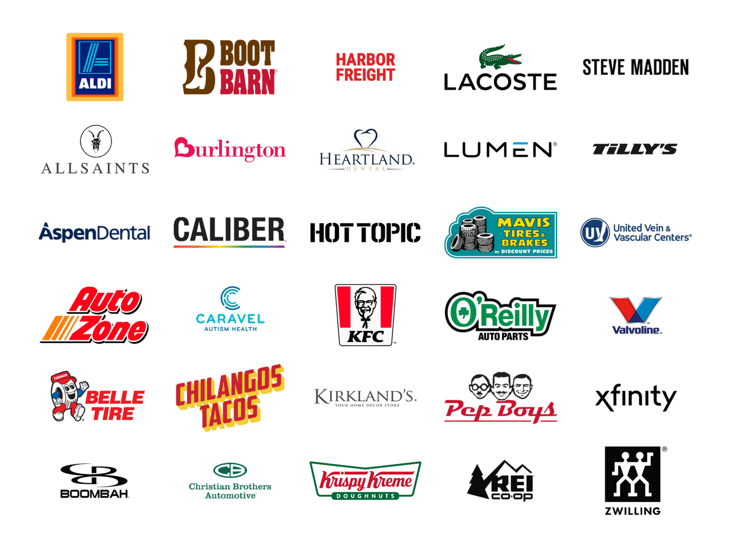 Grid of sponsor logos on a white background, including Aldi, Boot Barn, Harbor Freight, and O’Reilly Auto Parts