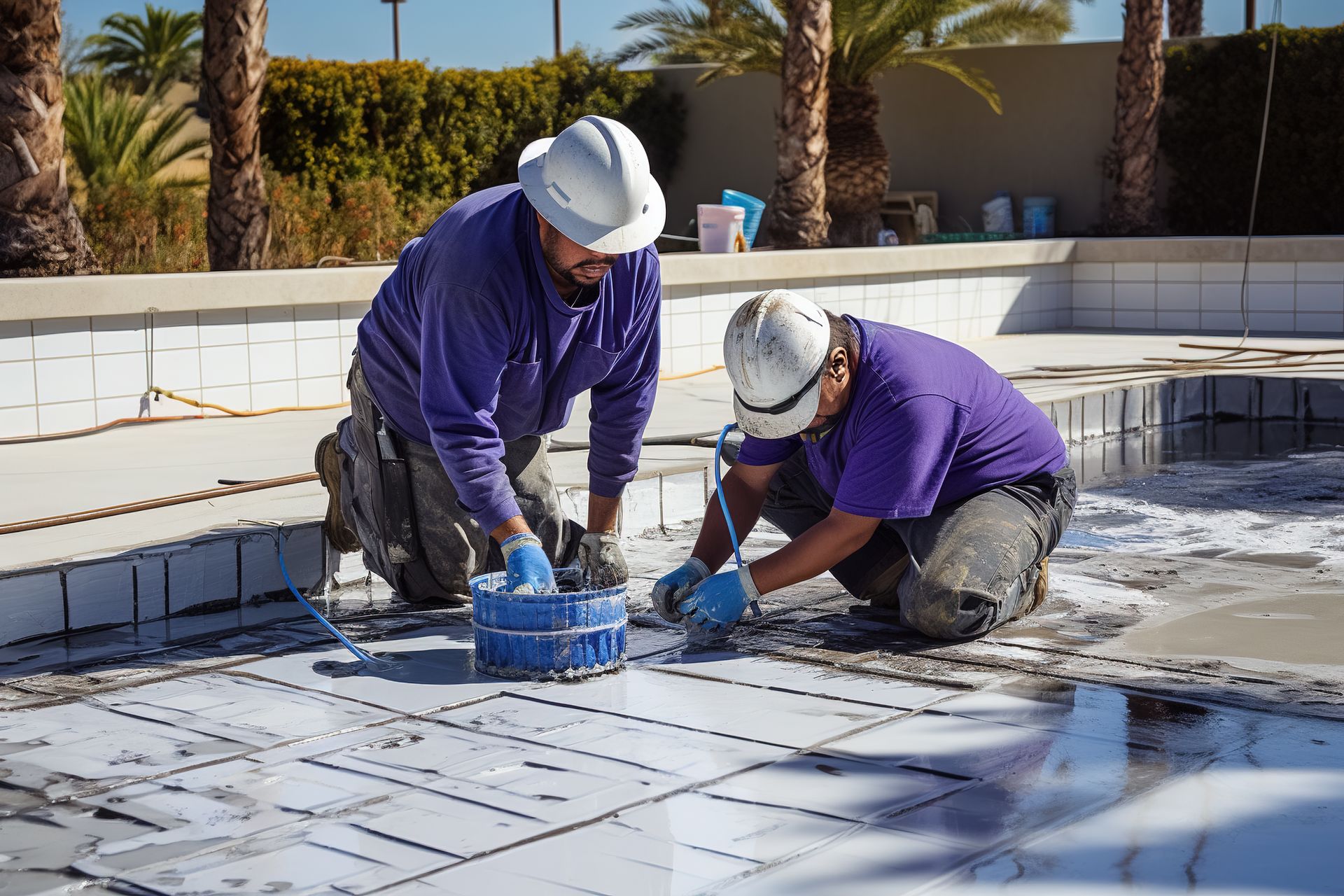 Two men are working on the floor of a swimming pool.