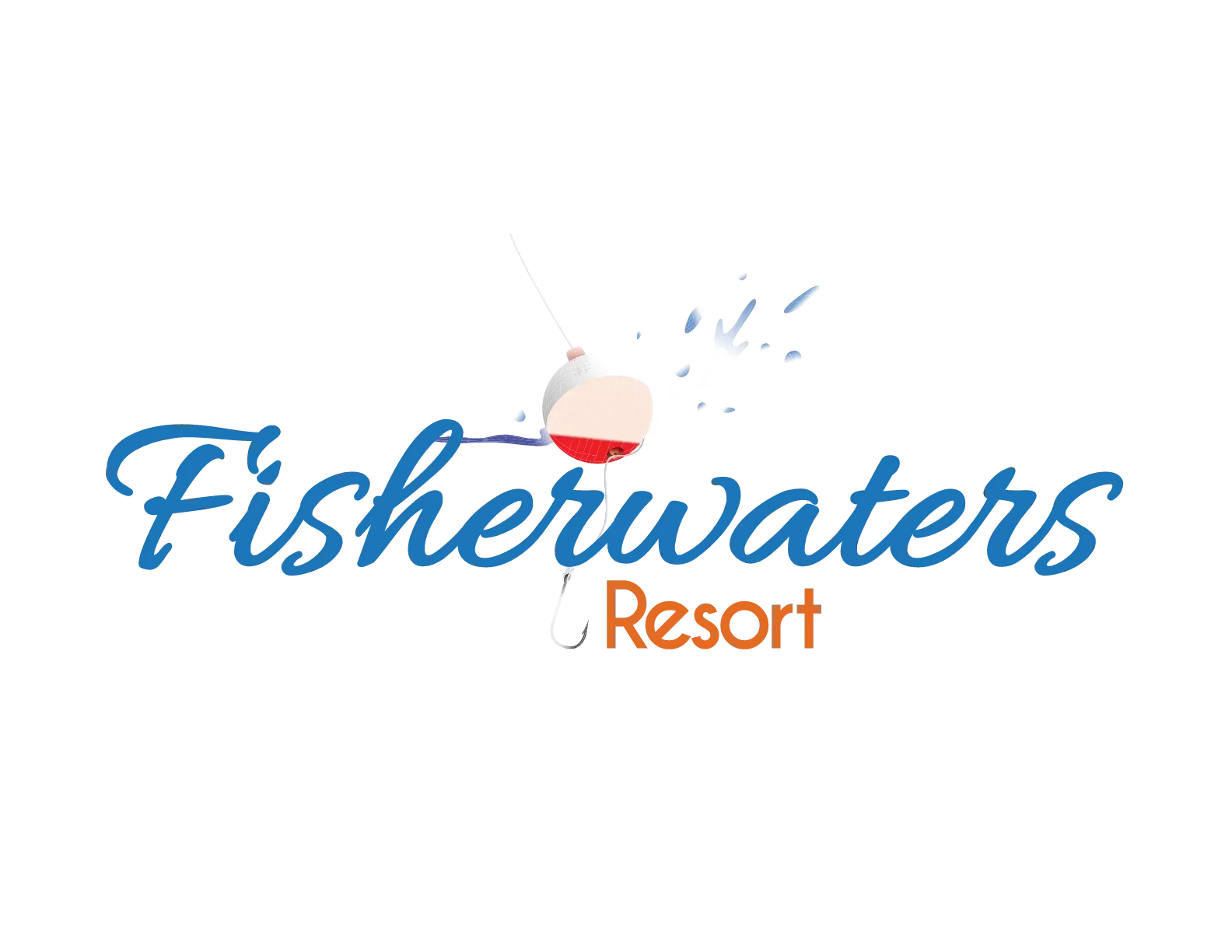 The logo for fisherwaters resort shows a fishing rod and a fishing buoy.