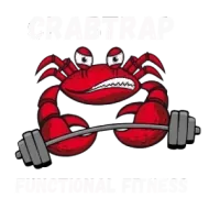 Red crab lifting a barbell, with “CRABTRAP FUNCTIONAL FITNESS” faintly in the background