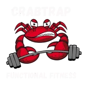 Red crab lifting a barbell, with “CRABTRAP FUNCTIONAL FITNESS” faintly in the background