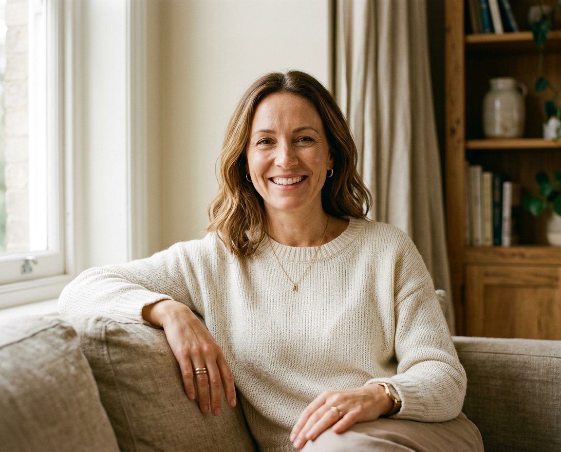 Smiling woman in a cream sweater sitting on a couch by a window in a cozy living room