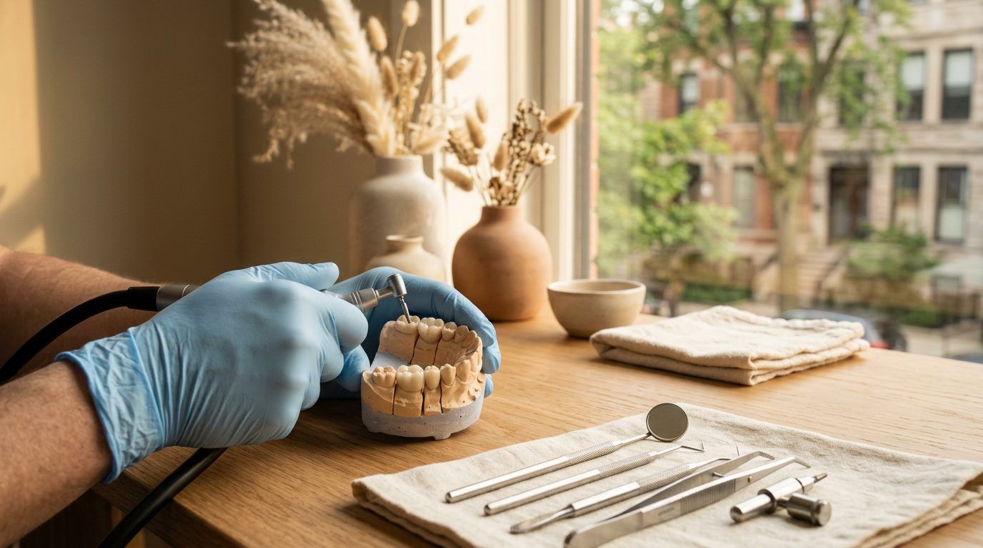 Gloved hands shaping a clay pot on a table with pottery tools and a window view in the background