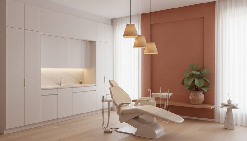 Modern dental clinic interior with a treatment chair, hanging lights, and warm wood accents