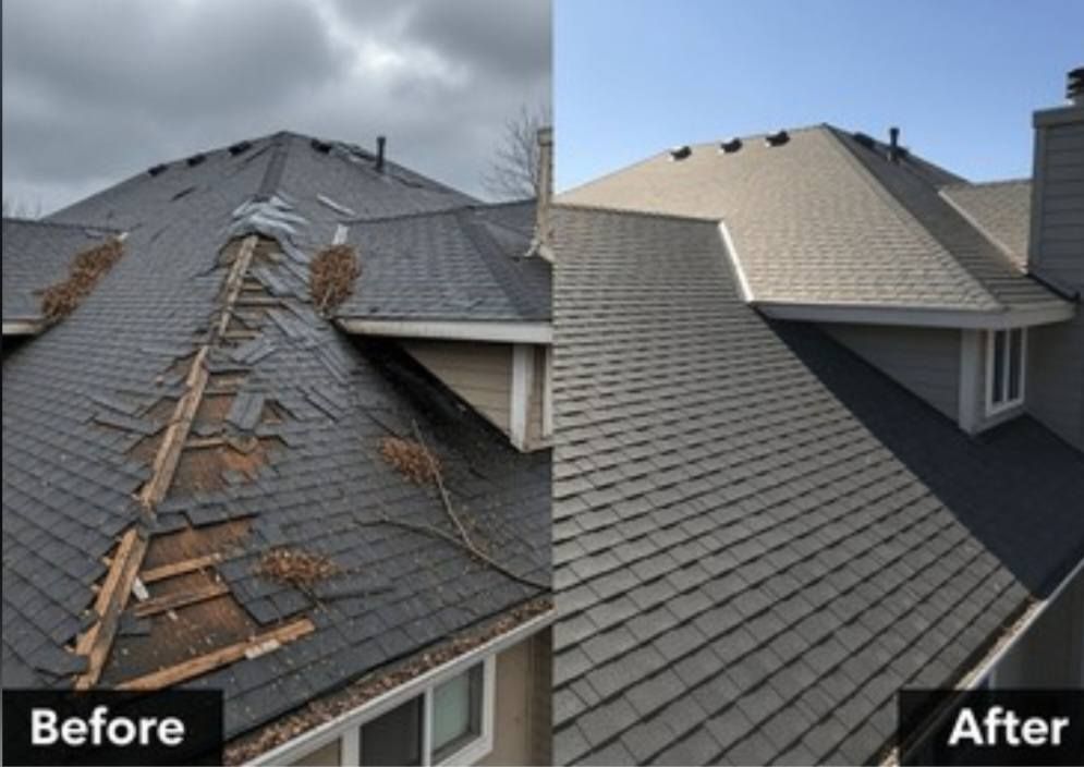 Before-and-after of a roof repair: damaged shingles on the left, new dark shingles on the right.