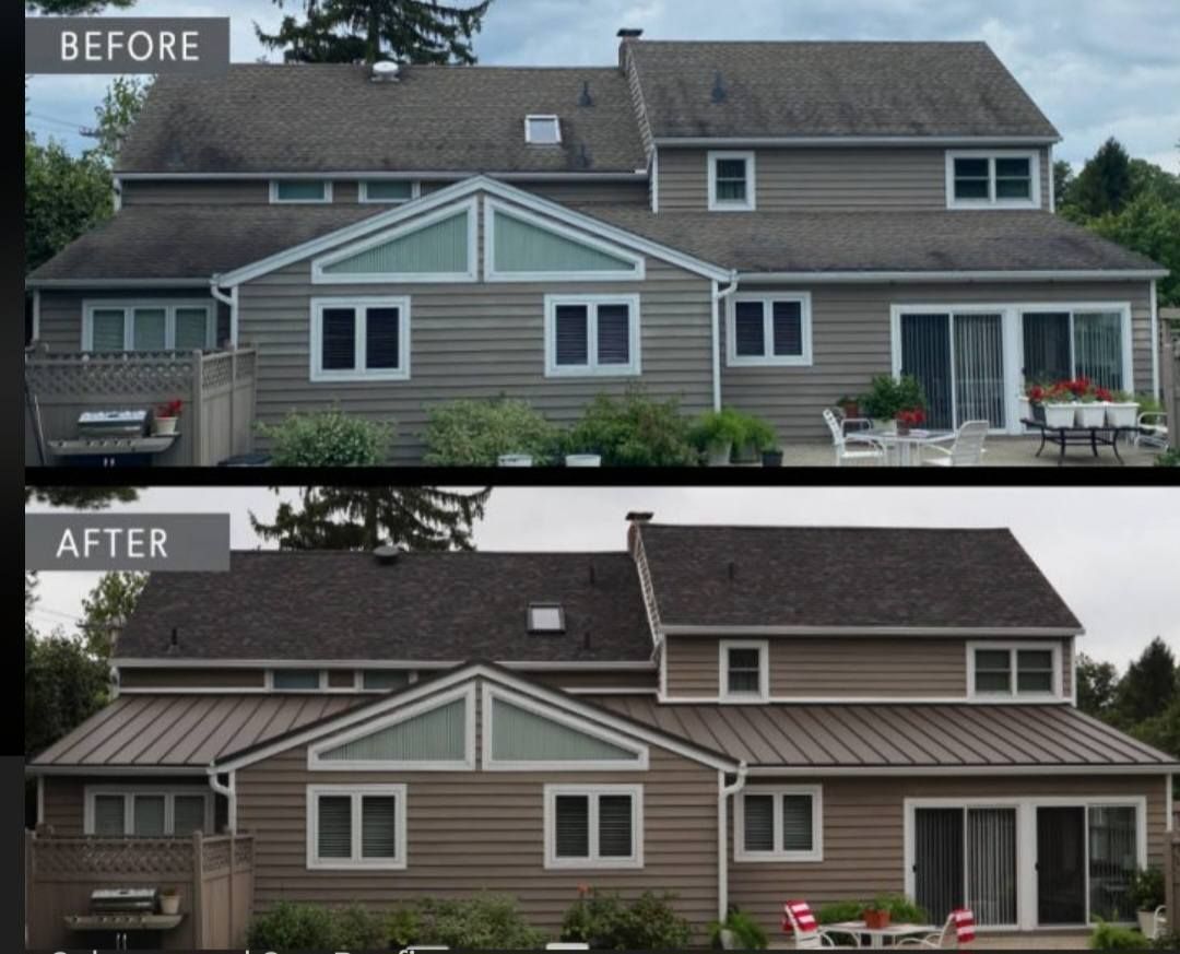 Before-and-after of a house exterior repainting from light to dark gray with updated trim.