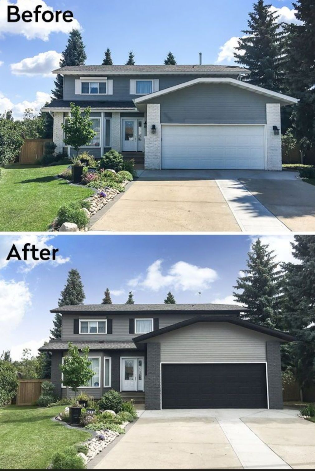 Before-and-after view of a house exterior with a garage door and driveway, showing a lighter then darker facade.