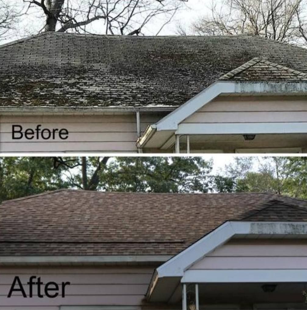 Before-and-after roof cleaning: dark, mossy shingles changed to a clean brown roof.