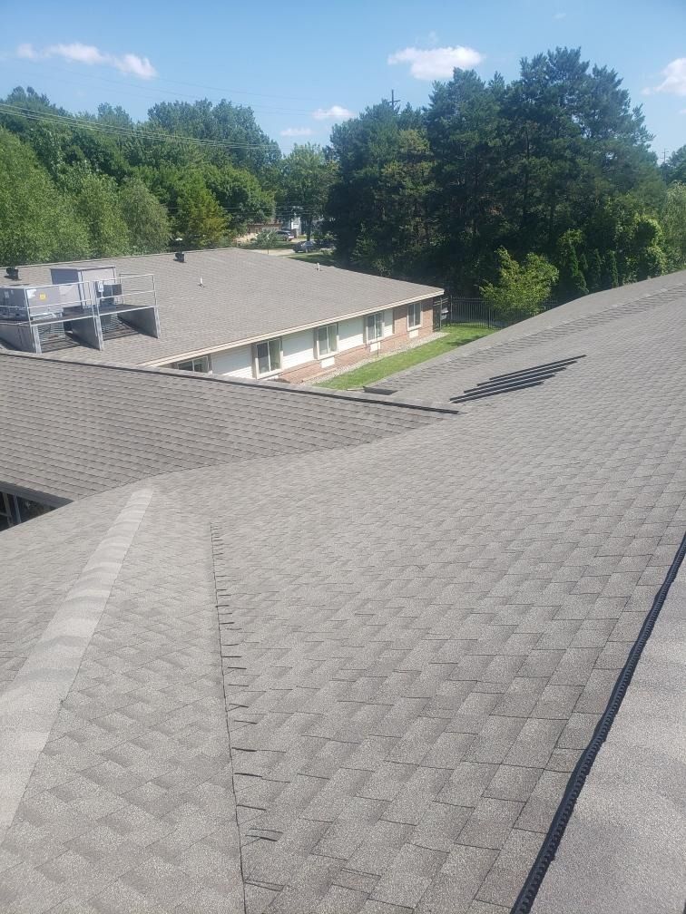 Rooftop shingles overlooking a green treeline and neighboring building under a blue sky.