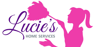 A logo for lucie 's home services with a silhouette of a woman holding a duster.